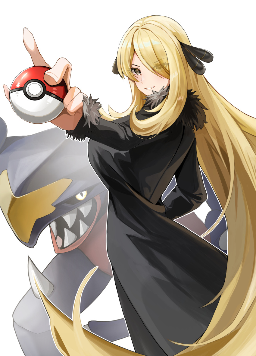 absurdres alternate_breast_size black_coat blonde_hair breasts coat commentary_request cynthia_(pokemon) eyelashes female fur_collar garchomp grey_eyes hair_ornament hair_over_one_eye hand_on_own_hip hand_up highres holding holding_poke_ball large_breasts long_hair long_sleeves poke_ball poke_ball_(basic) pokemon pokemon_(creature) pokemon_dppt sevenninet47503 smile very_long_hair white_background