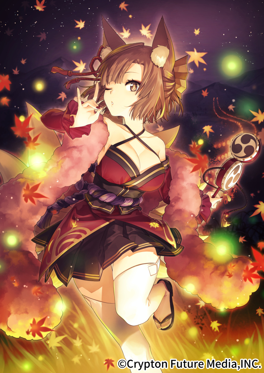 alternate_costume alternate_hairstyle animal_ear_fluff animal_ears autumn_leaves black_footwear black_skirt breasts brown_eyes brown_hair collarbone copyright_name eyelashes female fox_ears fox_girl fox_tail geta hatsune_miku_graphy_collection highres japanese_clothes kimono large_breasts leg_up meiko_(vocaloid) night night_sky official_art pleated_skirt red_kimono sacanahen skirt sky socks solo tabi tail vocaloid white_socks