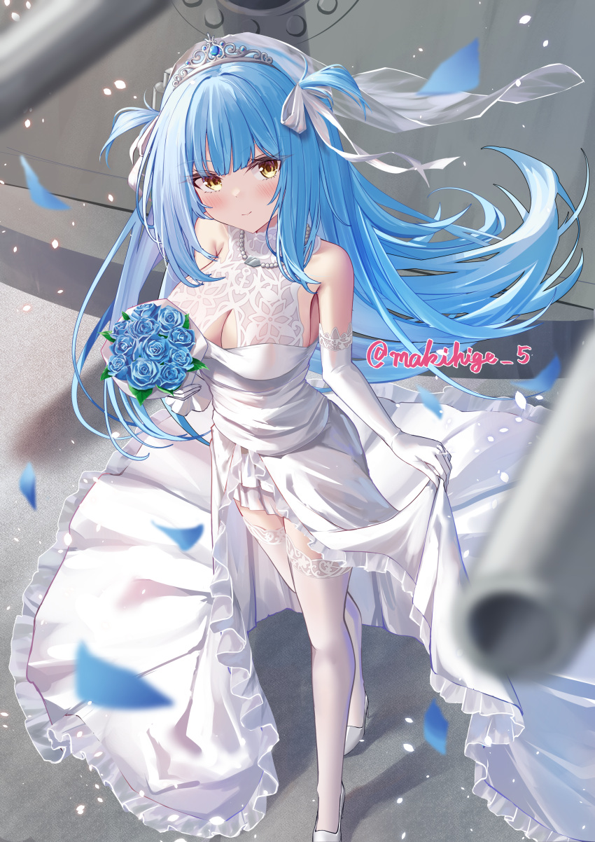 absurdres azur_lane blue_flower blue_hair bouquet breasts cleavage_cutout clothing_cutout commentary_request diadem dress female flower from_above full_body happy high_heels highres holding holding_bouquet lace-trimmed_thighhighs lace_trim long_hair looking_at_viewer looking_up makihige medium_breasts neptune_(azur_lane) signature skirt_hold smile solo standing thighhighs tiara veil very_long_hair white_dress white_thighhighs yellow_eyes