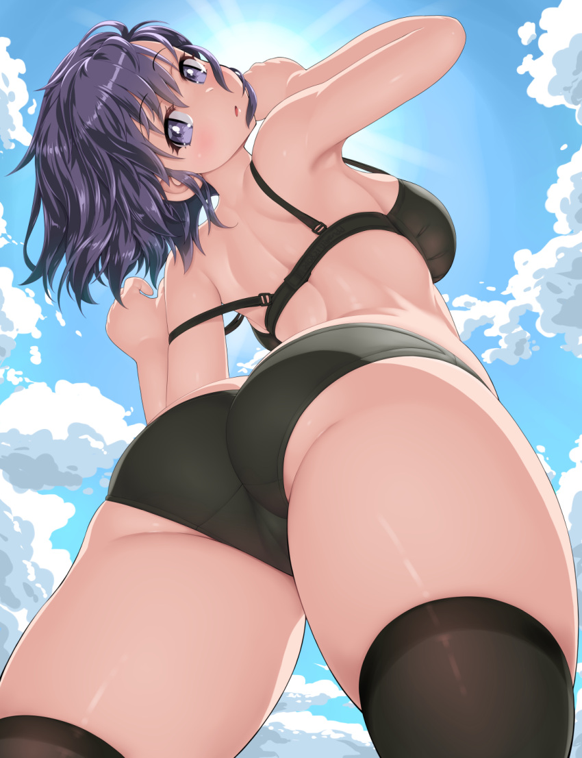 armpits arms_up ass bare_shoulders black_bra black_panties black_thighhighs blue_sky blush bra breasts cloud dd_(ijigendd) female from_below highres large_breasts looking_at_viewer looking_back medium_hair original outdoors panties purple_eyes purple_hair sky solo thighhighs underwear