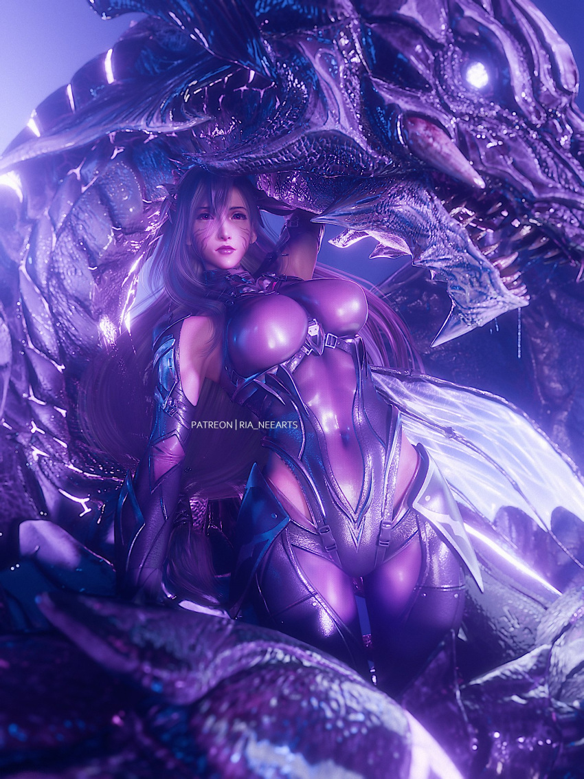 arm_up bahamut_(final_fantasy) bahamut_tifa black_hair bodysuit breasts covered_navel dragon dragon_wings fangs female final_fantasy final_fantasy_vii final_fantasy_vii_ever_crisis glowing glowing_eyes highres hip_vent large_breasts long_hair low-tied_long_hair ria_(baka-neearts) single_wing thigh_gap tifa_lockhart very_long_hair wings