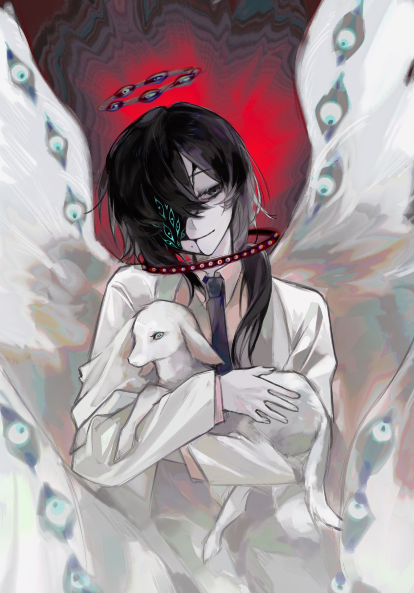 1boy animal aosadekuermanpifa biblically_accurate_angel black_eyes black_hair black_necktie chinese_commentary closed_mouth collared_shirt commentary_request extra_eyes halo head_tilt highres holding holding_animal jacket lamb long_hair long_sleeves male_focus mo_chengwei mole mole_under_mouth necktie open_clothes open_jacket pale_skin pink_shirt sheep shirt smile solo touqi_guaitan upper_body white_jacket white_wings wing_eyes wings