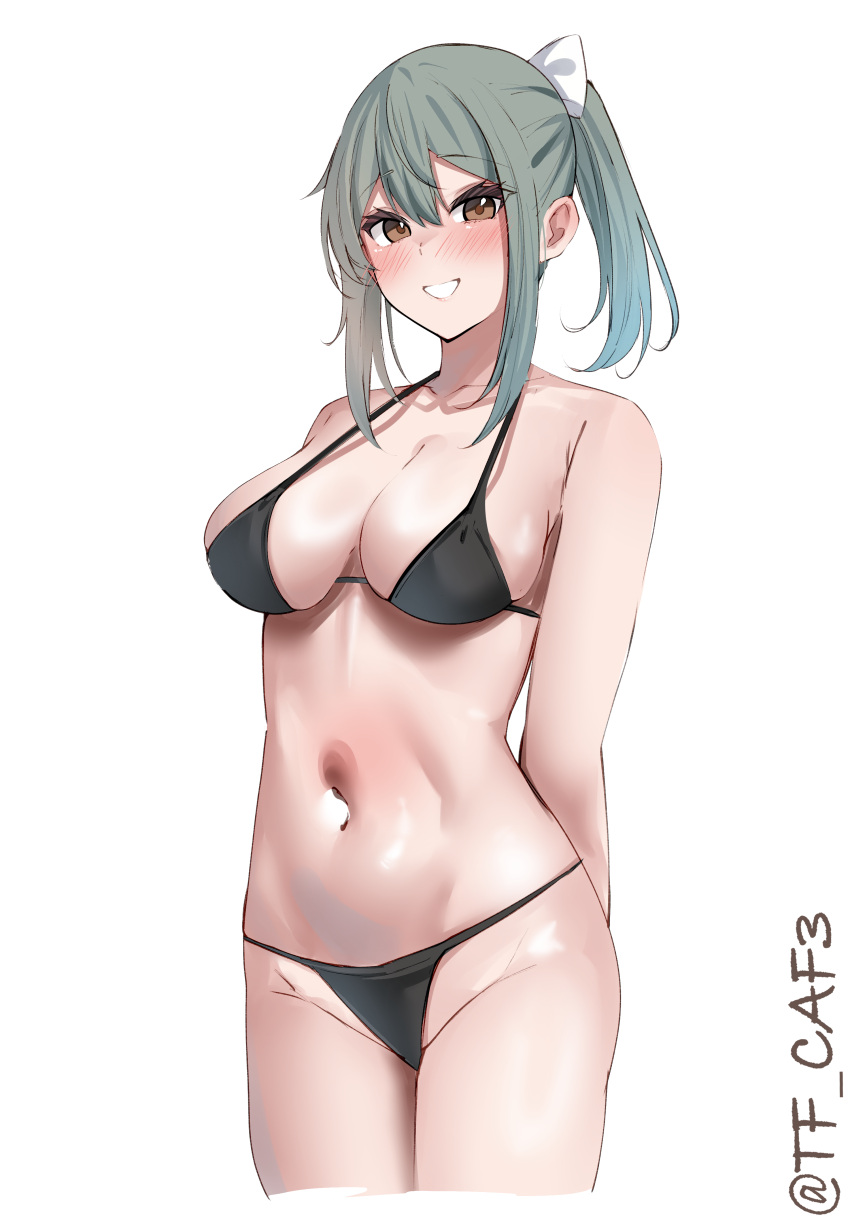 absurdres alternate_costume bikini black_bikini breasts brown_eyes cropped_legs female green_hair hair_ribbon highres kantai_collection long_hair looking_at_viewer medium_breasts navel ponytail ribbon smile solo swimsuit tf_cafe white_background white_ribbon yuubari_(kancolle) yuubari_kai_ni_(kancolle)