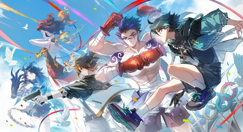 2024_summer_olympics 2girls 3boys absurdres alternate_costume aqua_hair arm_tattoo bandages black_footwear black_hair black_hood black_shorts bonanus_(genshin_impact) bosacius_(genshin_impact) boxing_gloves facial_mark forehead_mark genshin_impact gloves gun highres holding holding_gun holding_weapon indarias_(genshin_impact) jewelry limaomao male_focus menogias_(genshin_impact) multicolored_hair multiple_boys multiple_girls olympics red_gloves shoes shorts sneakers tattoo weapon xiao_(genshin_impact) yellow_eyes