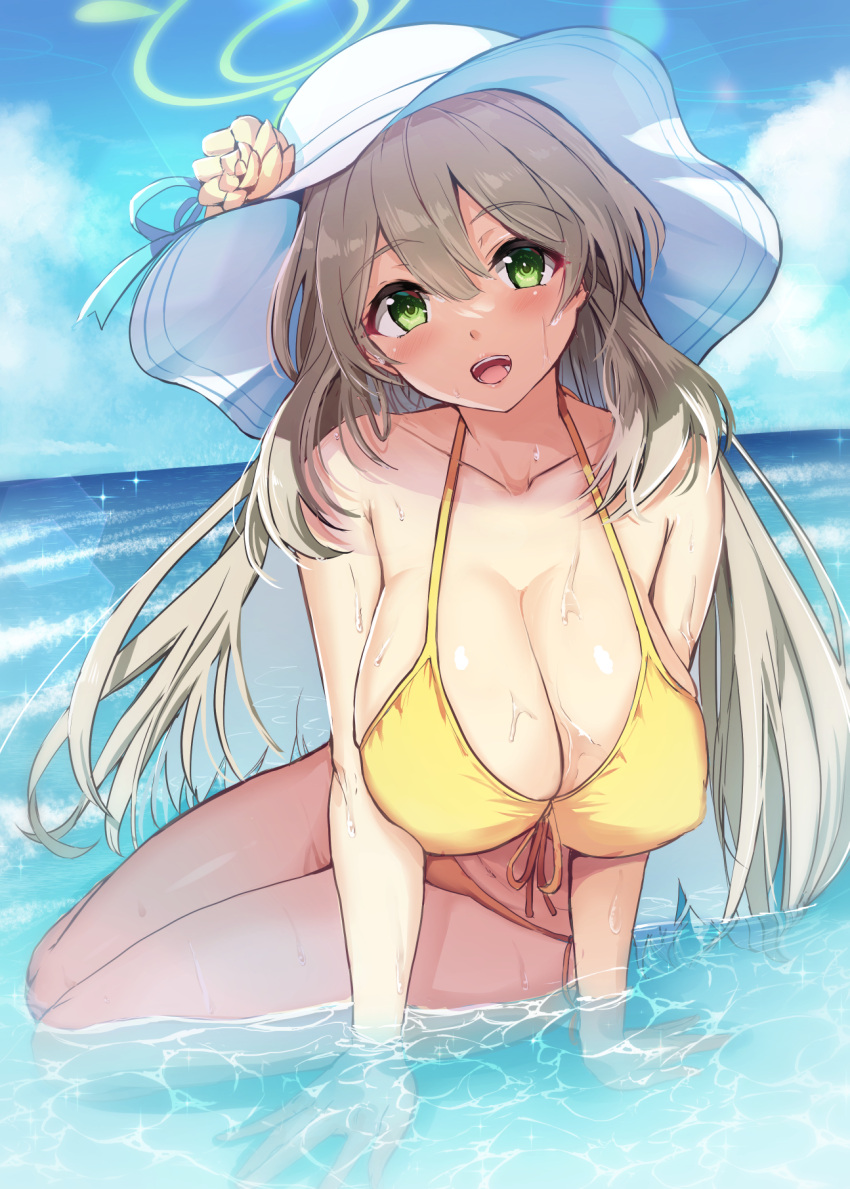 bikini blue_archive blue_ribbon blush breasts cleavage cloud commentary_request female flower_in_hat gin'ichi_(akacia) green_eyes halo hands_on_ground hat highres large_breasts light_brown_hair long_hair looking_at_viewer nonomi_(blue_archive) nonomi_(swimsuit)_(blue_archive) ocean official_alternate_costume on_floor on_ground open_mouth ribbon sky smile solo sun_hat swimsuit water wet white_hat yellow_bikini