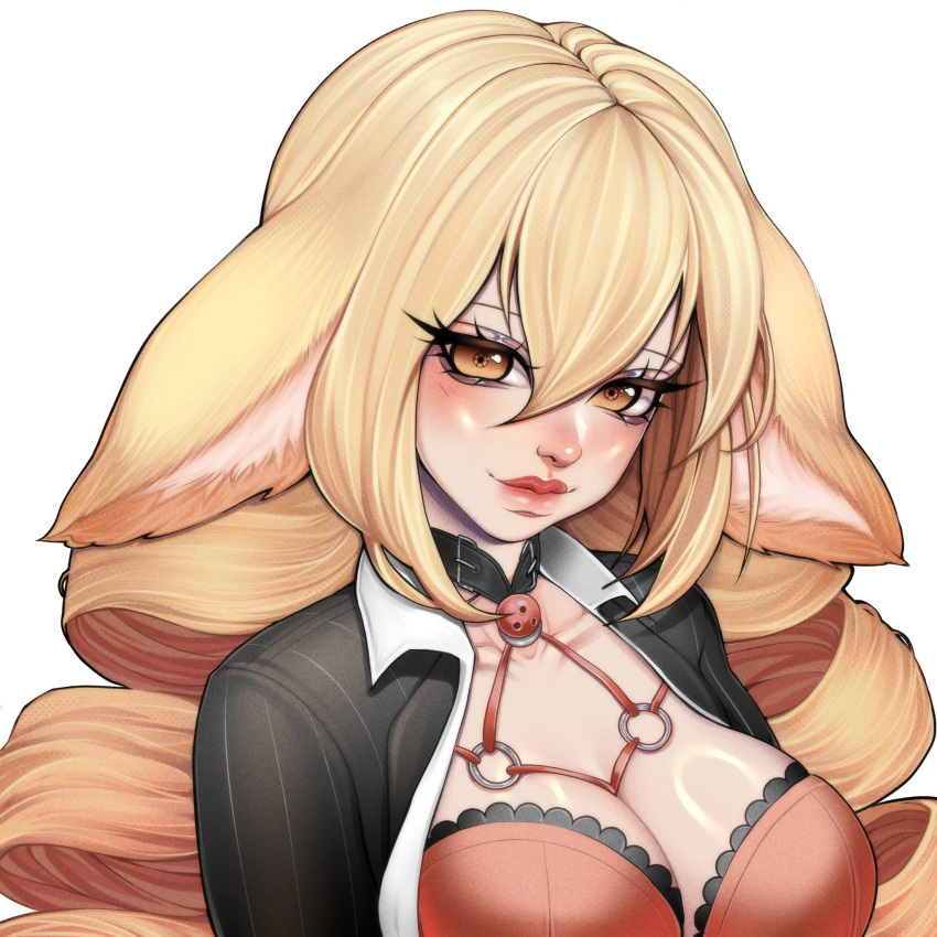 animal_ears ball_gag black_jacket blonde_hair bondage bra breasts cleavage collarbone collared_shirt commission drill_hair eyelashes female gag hair_between_eyes highres jacket large_breasts lips long_hair lop_rabbit_ears open_clothes open_shirt pinstripe_pattern pinstripe_suit rabbit_ears red_bra sage_(tomatophagia) shibari_under_clothes shibi_cottonbum shirt solo suit twin_drills underwear upper_body vallure virtual_youtuber white_shirt yellow_eyes