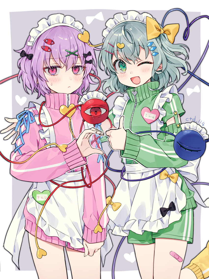 2girls :< ;d alternate_costume apron bandaid bandaid_on_leg black_bow blush bow commentary_request cowboy_shot ctd_114 detached_sleeves eye_hair_ornament green_eyes green_hair green_jacket green_shorts hair_ornament hairbow heart heart_hair_ornament heart_hands_failure heart_of_string highres jacket komeiji_koishi komeiji_satori leg_warmers long_sleeves looking_at_viewer maid maid_headdress multiple_girls name_tag one_eye_closed pink_eyes pink_jacket purple_hair short_hair shorts siblings sisters smile third_eye thumbs_up touhou track_jacket unconventional_maid waist_apron white_apron x_hair_ornament yellow_bow zipper