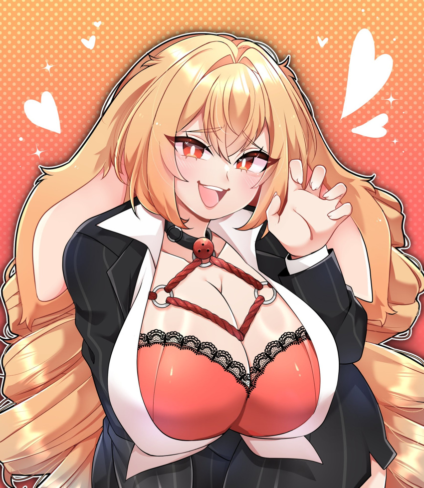 animal_ears ball_gag black_jacket black_pants black_suit blonde_hair bondage bra breasts bright_pupils cleavage collared_shirt commission drill_hair female gag gradient_background hanamoru heart heart_in_eye highres jacket large_breasts long_hair lop_rabbit_ears open_mouth pants pinstripe_pattern pinstripe_suit rabbit_ears red_bra red_eyes second-party_source shibari_under_clothes shibi_cottonbum shirt solo suit symbol_in_eye teeth twin_drills underwear upper_teeth_only vallure vgen_commission virtual_youtuber white_pupils white_shirt