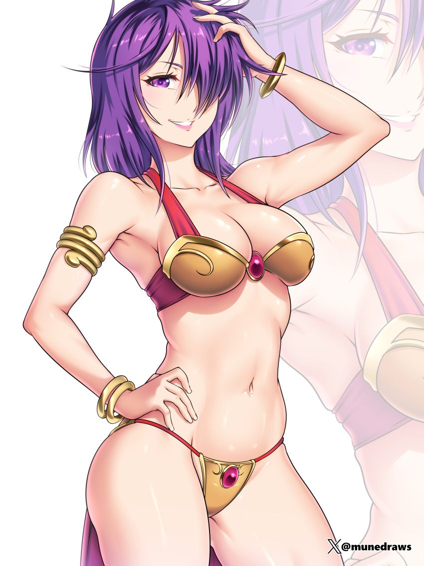 absurdres arm_up bikini breasts commission commissioner_upload etchimune female grin hair_over_one_eye hand_on_own_hip highres large_breasts looking_at_viewer medium_hair milli_yorks navel non-web_source purple_eyes purple_hair rance_(series) smile solo swimsuit wristband yellow_bikini