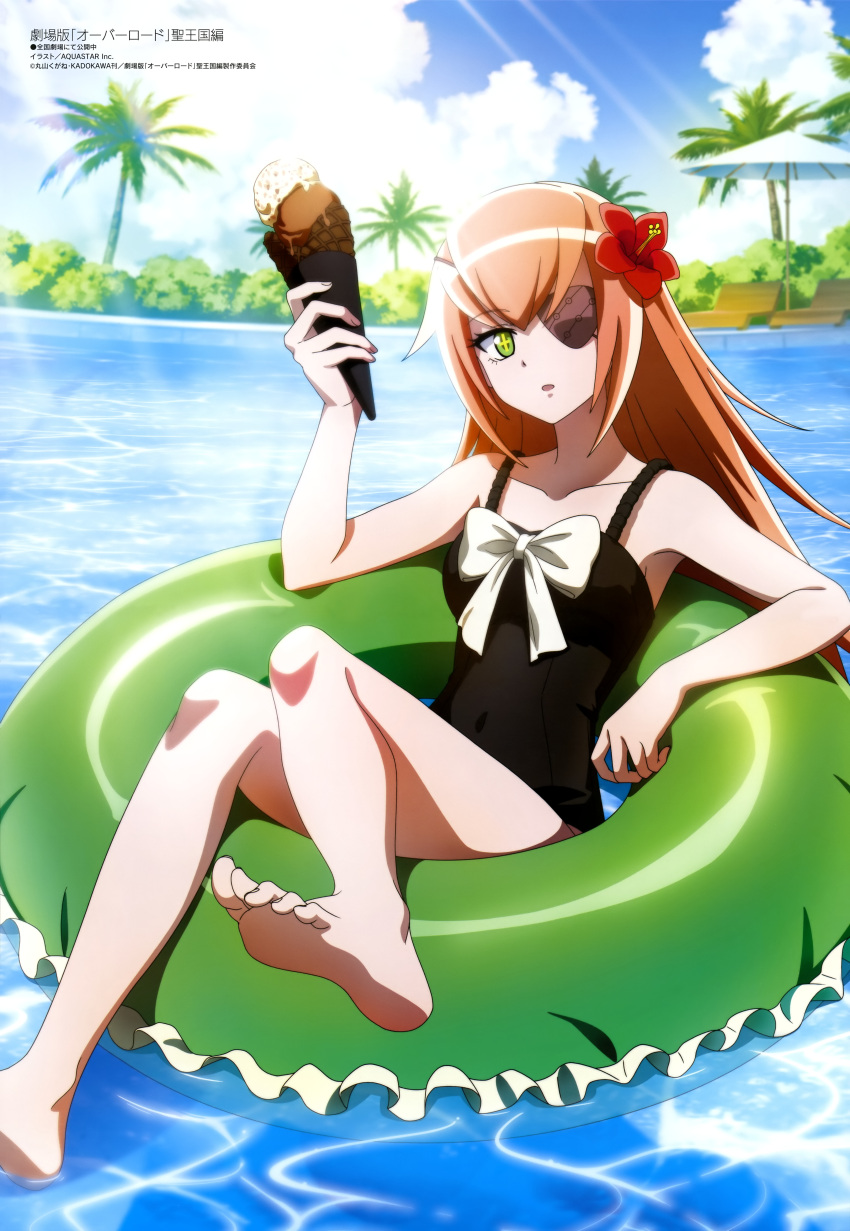 absurdres bare_arms barefoot beach_chair beach_umbrella black_one-piece_swimsuit blue_sky cloud cloudy_sky covered_navel cz2128_delta day eyepatch feet floating flower green_eyes green_innertube hair_flower hair_ornament highres holding holding_ice_cream_cone ice_cream_cone long_hair looking_at_viewer magazine_scan megami_magazine official_art one-piece_swimsuit open_mouth orange_hair outdoors overlord_(maruyama) red_flower scan sidelocks sky sunlight swimsuit toes umbrella wet