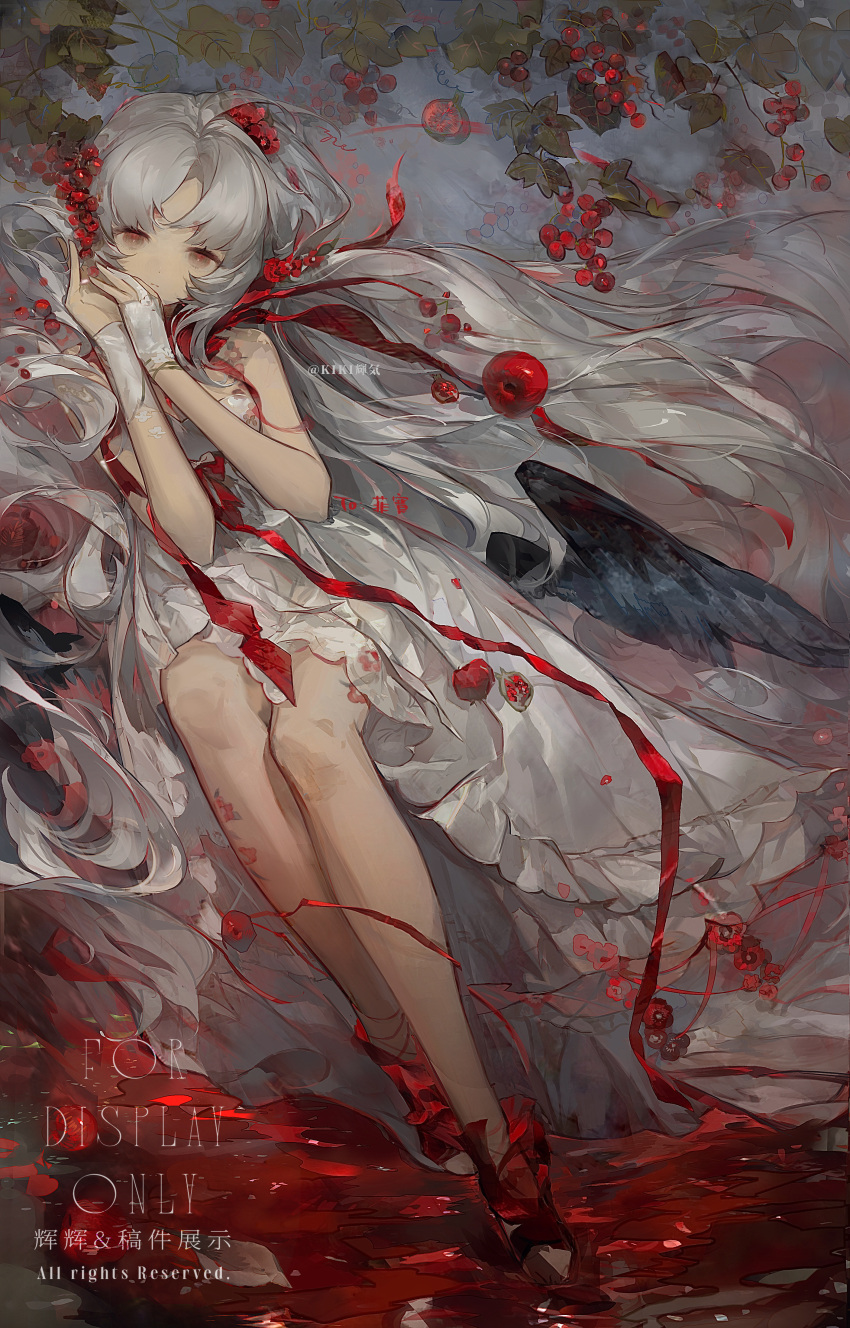 absurdres apple bare_shoulders black_wings blood bow dress feathered_wings female flower food fruit gloves grey_hair hair_flower hair_ornament highres kikihuihui long_hair looking_at_viewer original red_bow sitting solo white_dress white_gloves wings