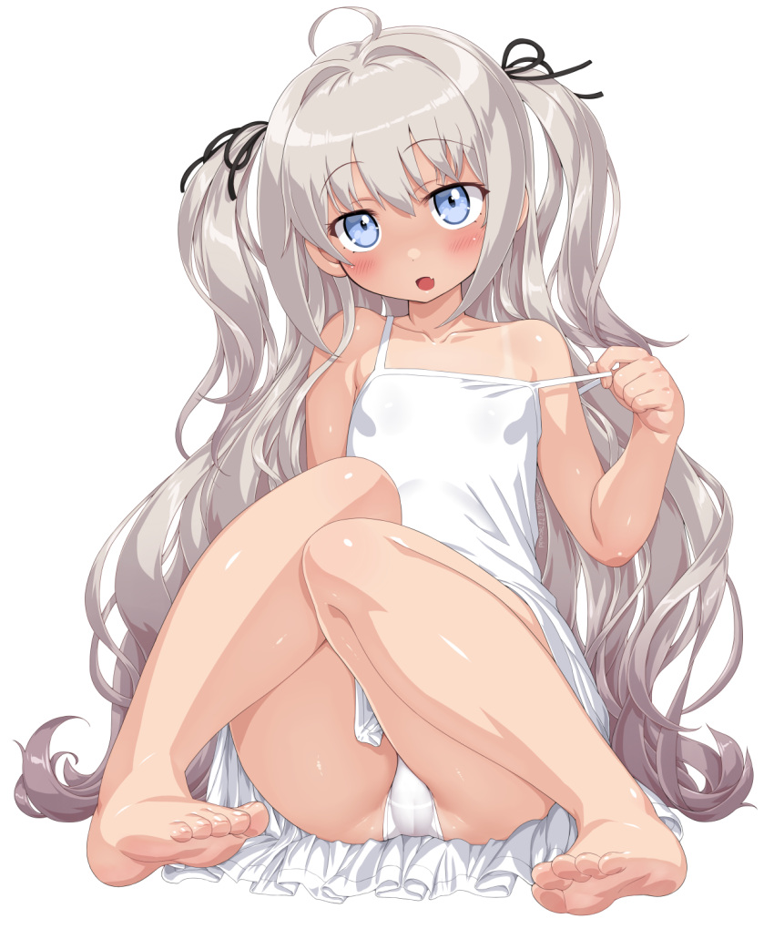 bare_shoulders blue_eyes blush bow breasts dd_(ijigendd) dress female grey_hair hair_ornament hairbow highres knees_up long_hair looking_at_viewer open_mouth original panties pantyshot sitting small_breasts solo spaghetti_strap strap_pull tan tanlines twintails underwear white_dress white_panties