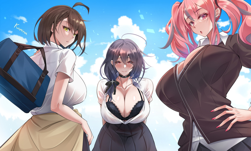 3girls absurdres ahoge artist_name azur_lane bag baltimore_(after-school_ace)_(azur_lane) baltimore_(azur_lane) black_bra black_skirt bra breasts bremerton_(azur_lane) brown_hair cardigan cardigan_around_waist cleavage clothes_around_waist cloud collared_shirt commission hand_on_own_hip highres kamina_(kamin789) lace-trimmed_bra lace_trim large_breasts looking_at_viewer multiple_girls official_alternate_costume partially_unbuttoned pink_eyes pink_hair pittsburgh_(azur_lane) pixiv_commission school_bag shirt shoulder_bag skirt sky twintails underwear white_shirt yellow_eyes