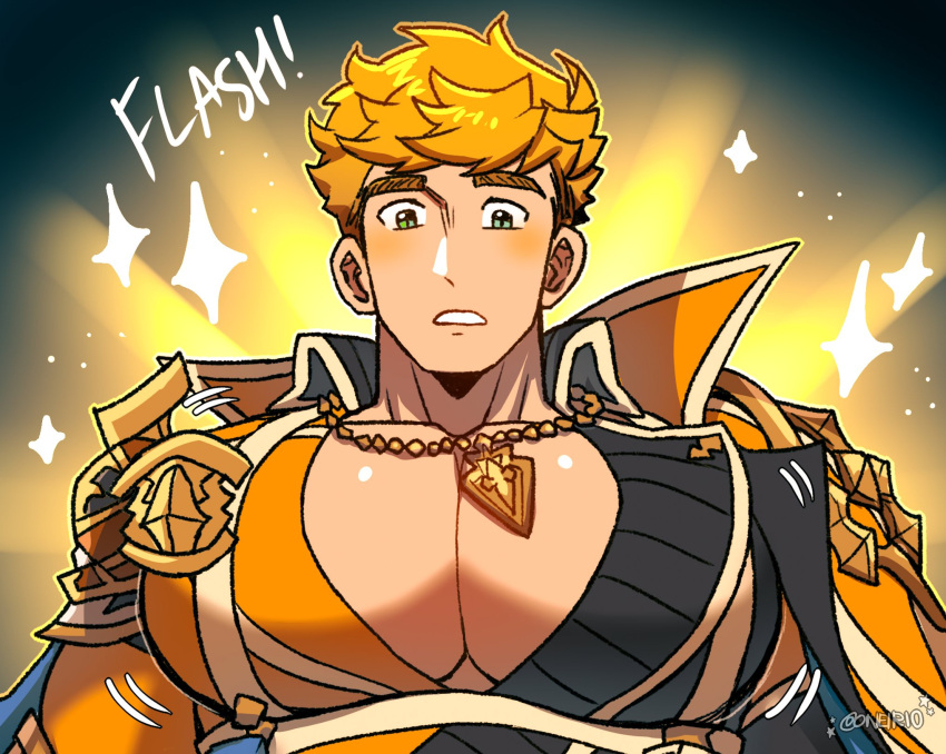 1boy armor blonde_hair blush granblue_fantasy green_eyes highres large_pectorals male_focus muscular muscular_male oneirio pauldrons pectorals short_hair shoulder_armor single_pauldron solo twitter_username vane_(granblue_fantasy)