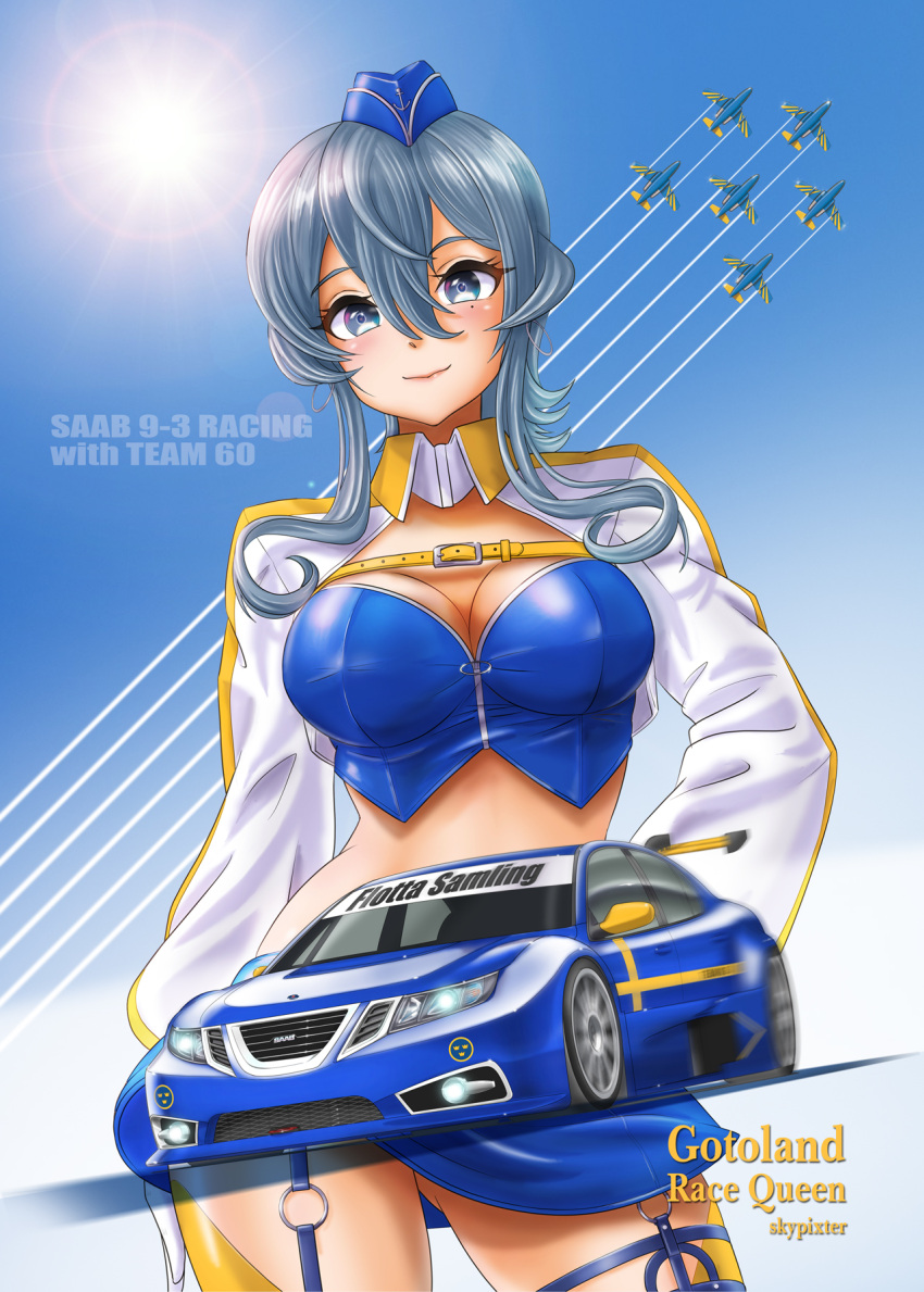 aircraft airplane blue_bustier blue_hat blue_skirt blue_tube_top car contrail cowboy_shot female garrison_cap gotland_(2022_zuiun_festival_race_queen_mode)_(kancolle) gotland_(kancolle) hat highres kantai_collection looking_at_viewer midriff motor_vehicle official_alternate_costume race_queen race_vehicle racecar shrug_(clothing) skirt skypixter solo strapless tube_top vehicle_request white_shrug