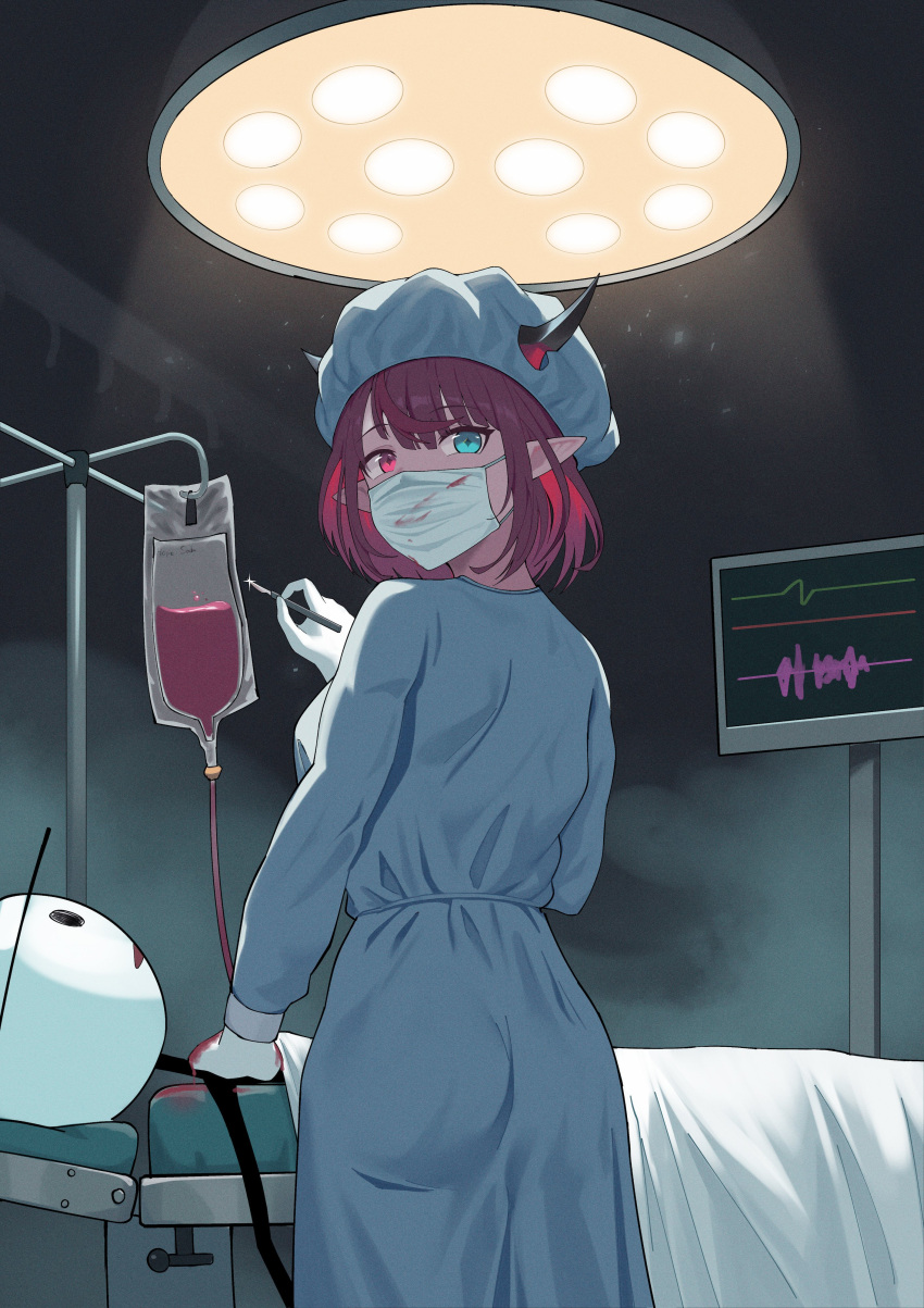 1boy absurdres aqua_eyes ass bed blood blood_bag blood_on_mask colored_inner_hair cross-shaped_pupils female from_behind gloves guyrys heterochromia highres holding_scalpel hololive hololive_english horns hospital_bed intravenous_drip irys_(hololive) iv_stand long_sleeves looking_at_viewer mask medical_scrubs mouth_mask multicolored_hair pointy_ears purple_hair red_eyes red_hair scalpel shift_(shiftillust) short_hair spotlight streaked_hair surgery surgical_mask symbol-shaped_pupils virtual_youtuber white_gloves white_mask