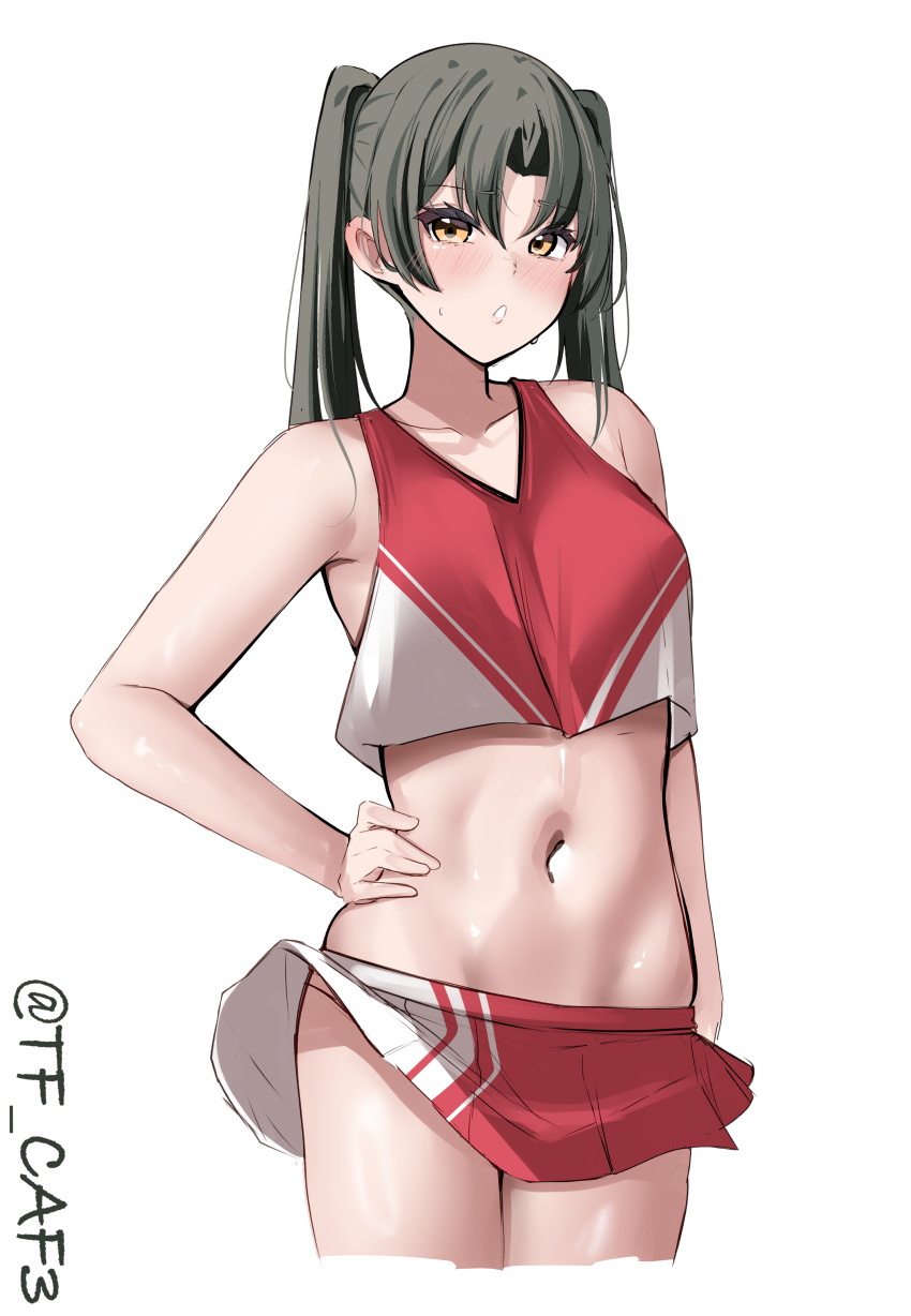 absurdres breasts brown_eyes cheerleader crop_top female green_hair highres kantai_collection long_hair looking_at_viewer midriff miniskirt navel pleated_skirt red_skirt skirt small_breasts solo tf_cafe twintails two-tone_skirt white_skirt zuikaku_(kancolle)