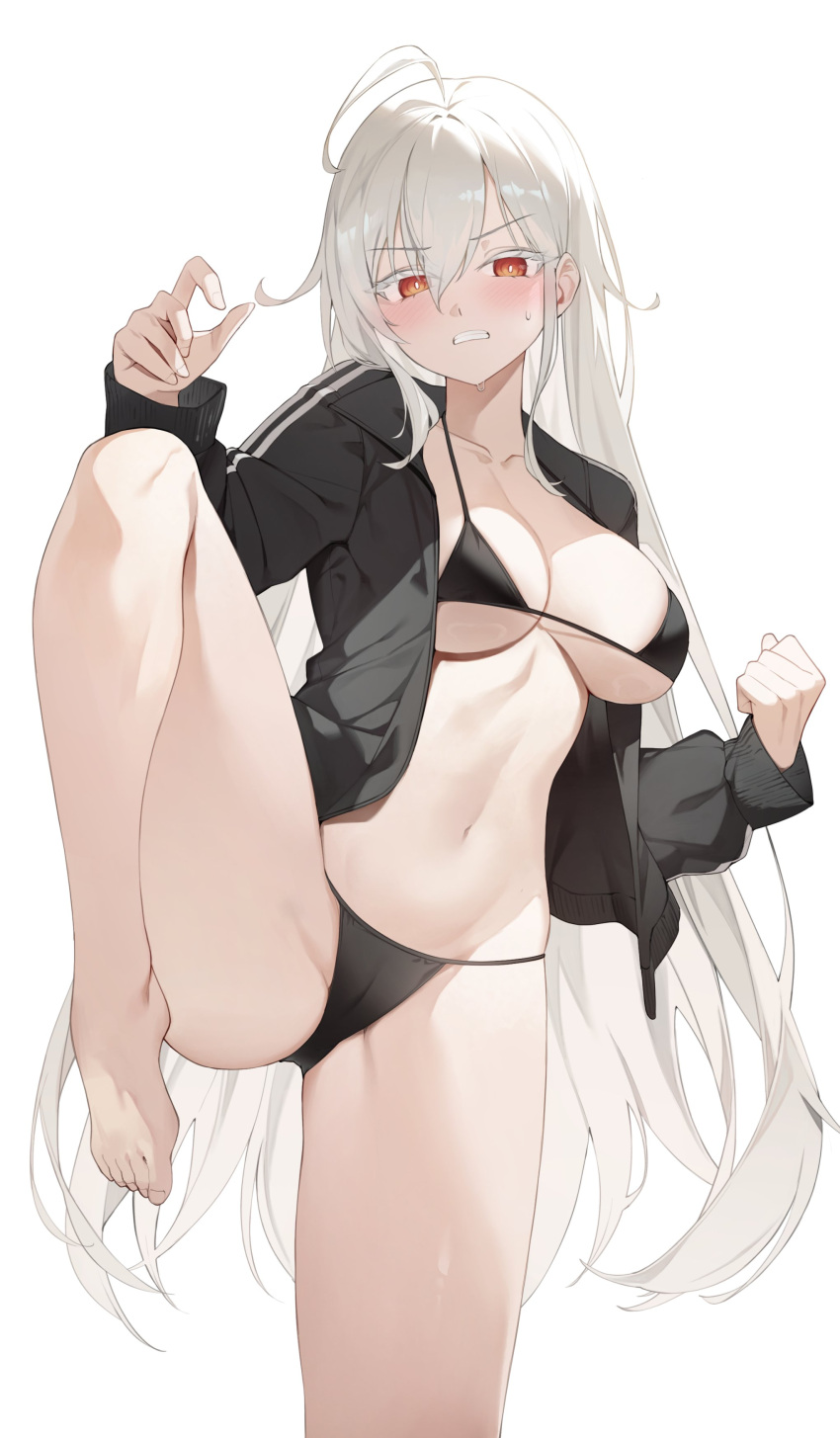 absurdres ahoge albino barefoot bikini black_bikini black_jacket blush breasts bright_pupils chukibabo2 clenched_hand clenched_teeth feet female hair_between_eyes highres jacket large_breasts leg_up long_hair long_sleeves looking_at_viewer navel open_clothes open_jacket orange_eyes original simple_background solo standing standing_on_one_leg string_bikini sweat swimsuit teeth thick_eyelashes toes underboob v-shaped_eyebrows very_long_hair white_background white_hair white_pupils