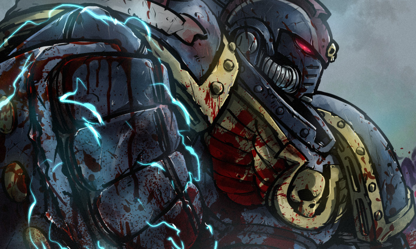 1boy adeptus_astartes armor blood_on_armor blue_armor clenched_hand electricity gauntlets helmet highres horseshoe jazz_jack male_focus pauldrons power_armor red_eyes shoulder_armor skull solo space_marine ultramarines war_hammer warhammer_40k weapon