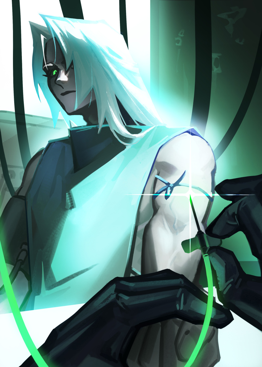 2boys 96min69 absurdres clenched_hand crisis_core_final_fantasy_vii final_fantasy final_fantasy_vii foreshortening glint gloves glowing glowing_eyes green_eyes grey_hair highres holding holding_another's_arm holding_syringe hospital_gown iv_stand long_hair male_focus multiple_boys sephiroth syringe toned toned_male veins wire