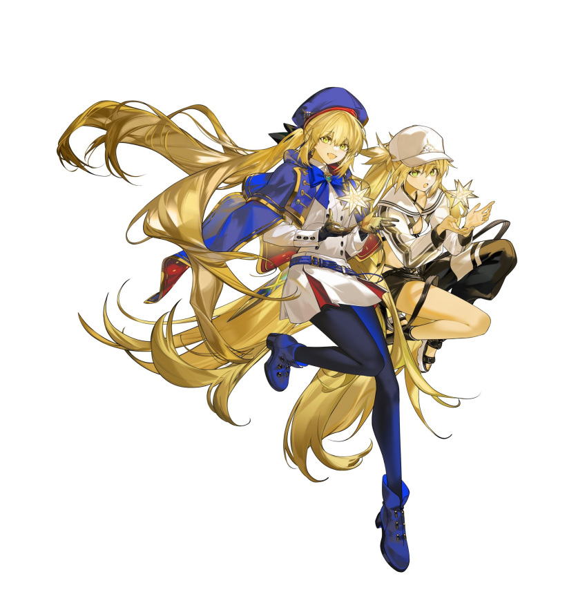 2girls arlizi artoria_caster_(fate) artoria_caster_(second_ascension)_(fate) artoria_caster_(swimsuit)_(fate) artoria_caster_(swimsuit)_(first_ascension)_(fate) artoria_pendragon_(fate) baseball_cap belt beret black_gloves black_pantyhose blonde_hair blue_belt blue_bow blue_footwear boots bow breasts buttons cloak fate/grand_order fate_(series) gloves green_eyes hat highres long_hair long_sleeves multiple_girls open_mouth pantyhose shirt skirt small_breasts smile white_background white_shirt white_skirt