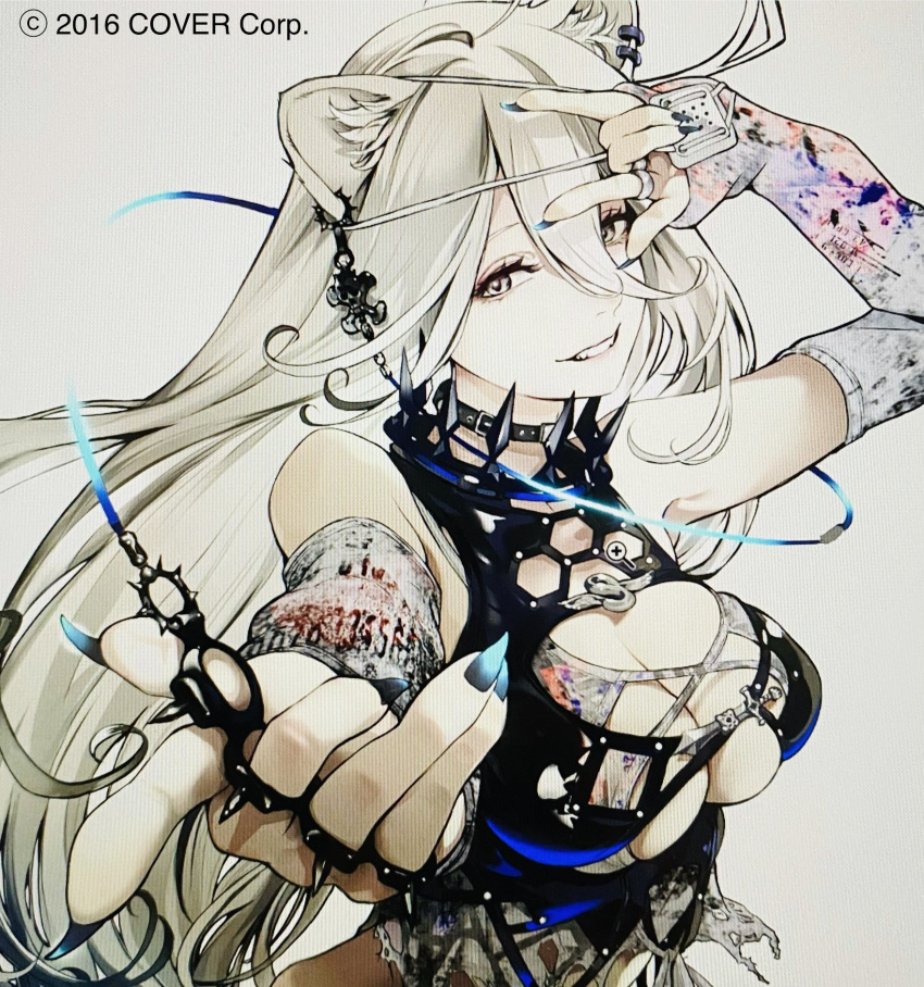 ahoge alternate_costume animal_ears breasts cleavage ear_piercing eyepatch female fingernails grey_eyes grey_hair hair_between_eyes highres hololive jewelry large_breasts lion_ears lion_girl long_hair looking_at_viewer medical_eyepatch official_art oogure_ito piercing ring sharp_fingernails shishiro_botan smile solo virtual_youtuber