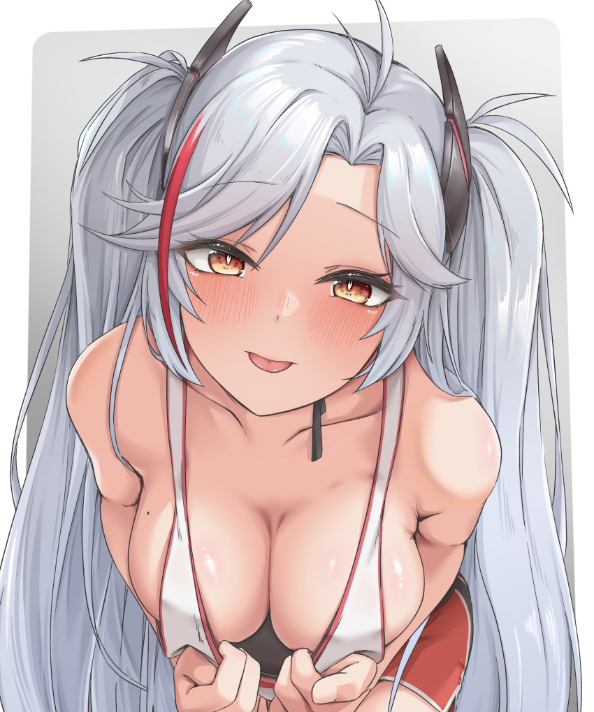 :p absurdres azur_lane bare_shoulders bent_over blush breasts cleavage crop_top_pull female headgear highres leaning_forward long_hair medium_breasts multicolored_hair no_bra orange_eyes prinz_eugen_(azur_lane) prinz_eugen_(brilliant_touchdown)_(azur_lane) red_hair red_shorts short_shorts shorts sideboob sleeveless slit_pupils smile solo streaked_hair tank_top teasing tongue tongue_out top_pull two-tone_hair uniazi_mikan very_long_hair white_hair