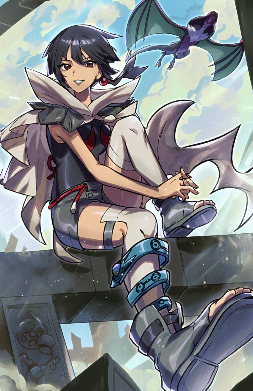 absurdres armpit_crease black_footwear black_hair black_shirt black_shorts blue_sky boots cape commentary english_commentary feet_on_chair female full_body highres long_hair noivern pokemon pokemon_(creature) pokemon_oras ponytail red_eyes ryairyai shirt shorts sitting sky sleeveless sleeveless_shirt thighhighs toeless_footwear white_cape white_thighhighs zinnia_(pokemon)