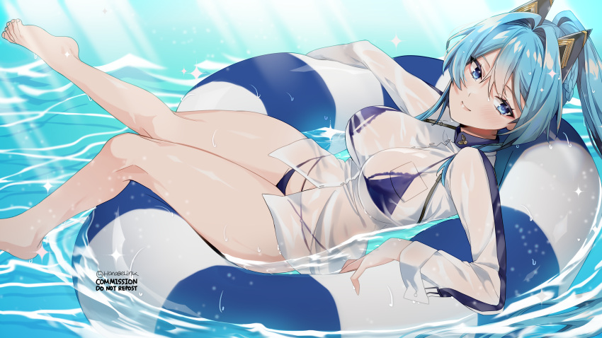 absurdres barefoot bikini blue_bikini blue_eyes blue_hair blush braid breasts female gloves goddess_of_victory:_nikke hanaberin helm_(aqua_marine)_(nikke) helm_(nikke) highres large_breasts long_hair long_sleeves looking_at_viewer official_alternate_costume ponytail see-through_clothes solo swim_ring swimsuit thighs water wet wet_clothes white_gloves