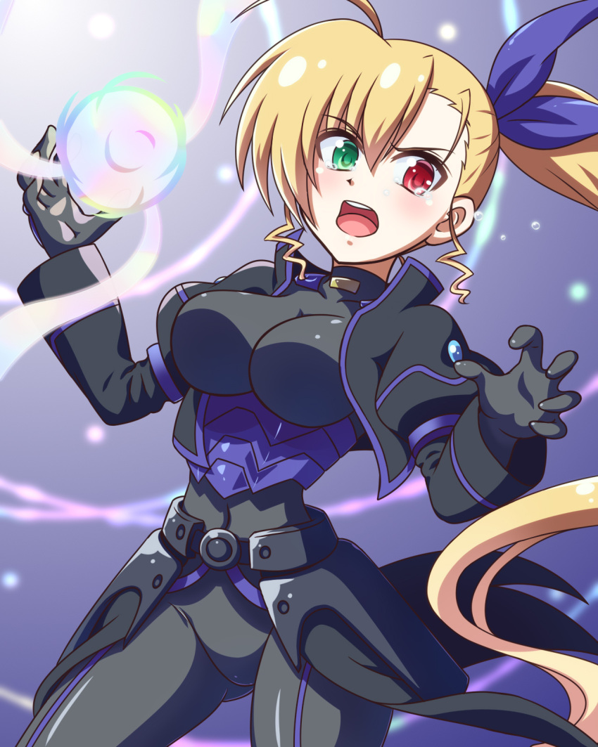 angry black_jacket blonde_hair bodysuit breasts commentary dark_persona energy heterochromia highres jacket large_breasts long_hair looking_at_viewer lyrical_nanoha mahou_shoujo_lyrical_nanoha_strikers mahou_shoujo_lyrical_nanoha_vivid ponytail tears turtleneck turtleneck_bodysuit vivio yosuzu