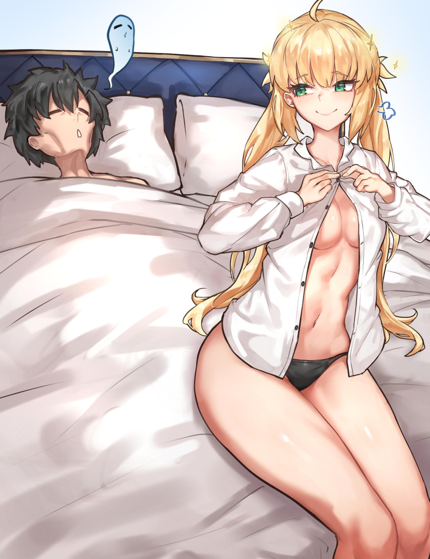 1boy absurdres ahoge artoria_caster_(fate) artoria_pendragon_(fate) bed black_hair blonde_hair blush breasts fate/grand_order fate_(series) female fujimaru_ritsuka_(male) green_eyes highres long_hair long_sleeves panties radishkek shirt short_hair small_breasts smile thighs twintails underwear