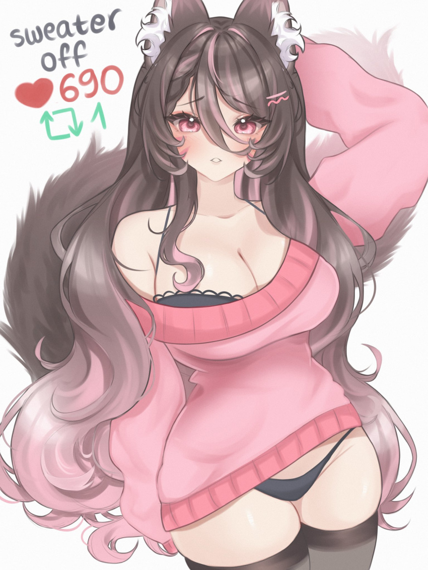 animal_ears arraveri bikini black_thighhighs breasts brown_hair female highres indie_virtual_youtuber long_hair looking_at_viewer peeping pink_sweater red_eyes solo sweater swimsuit thighhighs thighs thong_bikini virtual_youtuber