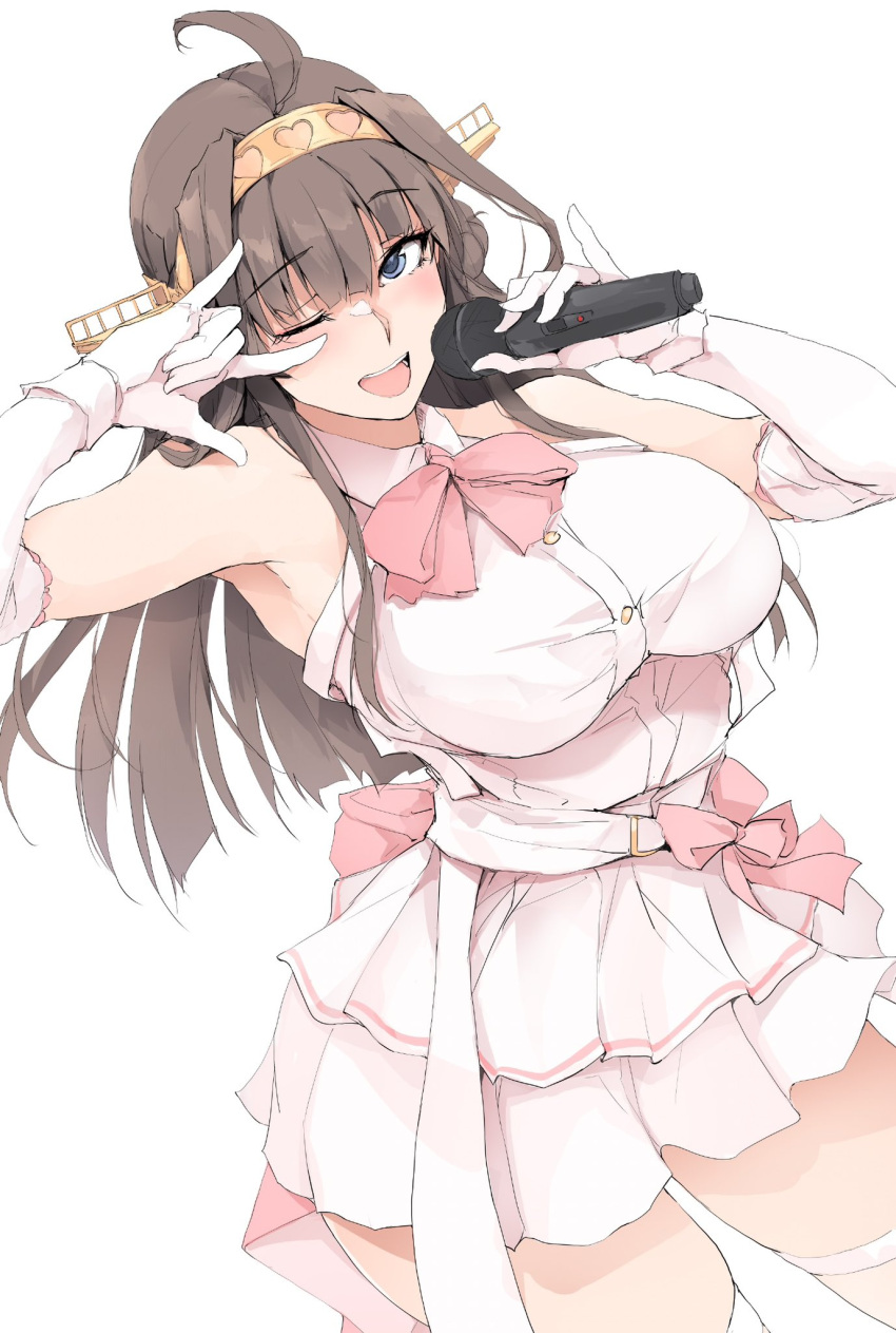 ;d \m/ ahoge alternate_costume alternate_eye_color blue_eyes bow breasts brown_hair dress elbow_gloves female gloves headgear highres holding holding_microphone idol idol_clothes kantai_collection kongou_(kancolle) large_breasts long_hair looking_at_viewer microphone one_eye_closed pink_bow smile solo thighhighs white_dress white_gloves white_thighhighs zekkyon