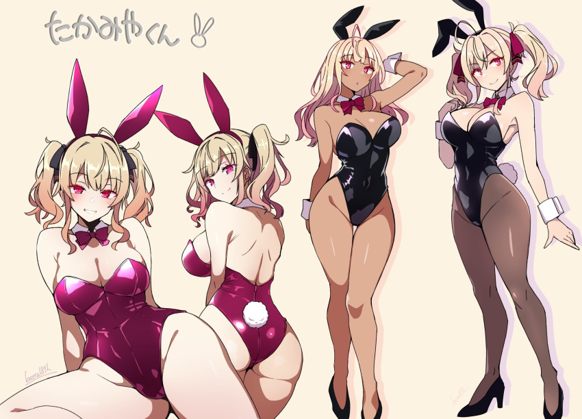 alternate_costume alternate_skin_color animal_ears arm_up arms_behind_back artist_name ass batta_16-sei black_footwear black_leotard black_pantyhose blonde_hair blush bow bowtie brown_background closed_mouth commentary_request dark-skinned_female dark_skin detached_collar fake_animal_ears fake_tail female from_behind hair_down high_heels highres leotard long_hair looking_at_viewer multiple_views nijisanji pantyhose pink_bow pink_bowtie pink_eyes pink_leotard rabbit_ears rabbit_tail simple_background sitting smile standing strapless strapless_leotard tail takamiya_rion twintails virtual_youtuber white_wrist_cuffs wrist_cuffs