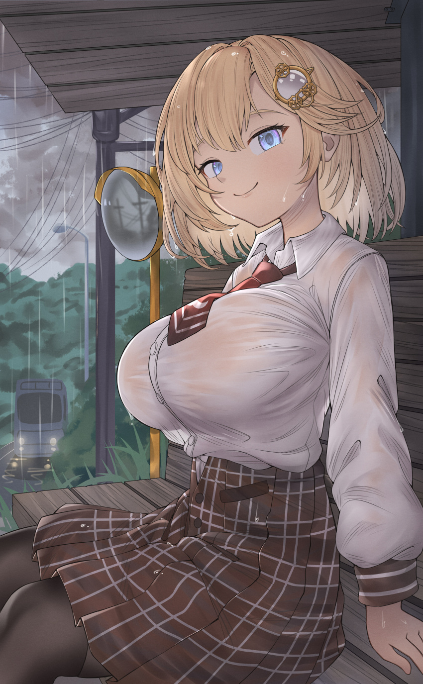 absurdres black_pantyhose blonde_hair blue_eyes breasts brown_skirt bus bus_stop buttons cloud cloudy_sky female hair_ornament highres hololive hololive_english honkivampy large_breasts motor_vehicle necktie pantyhose plaid_clothes plaid_skirt rain red_necktie shirt short_hair short_necktie sitting skirt sky smile solo virtual_youtuber watson_amelia wet wet_clothes wet_hair white_shirt