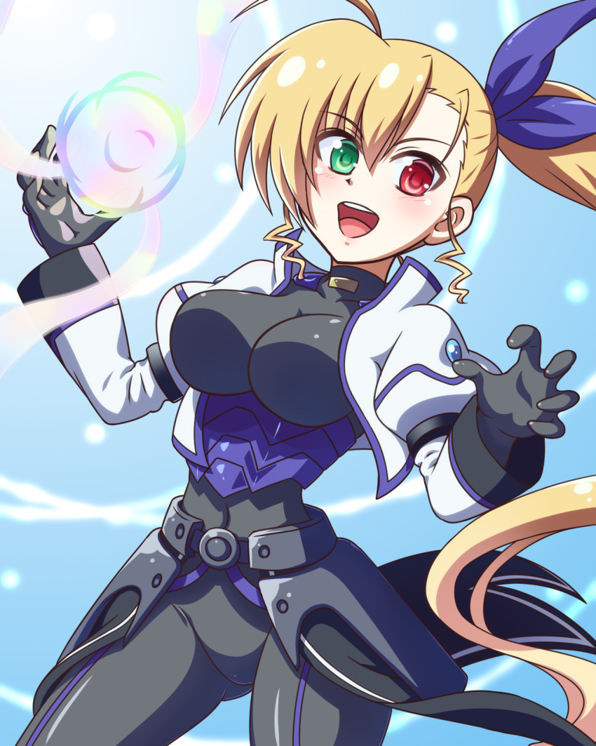 blonde_hair bodysuit breasts commentary energy heterochromia highres jacket large_breasts long_hair looking_at_viewer lyrical_nanoha mahou_shoujo_lyrical_nanoha_strikers mahou_shoujo_lyrical_nanoha_vivid ponytail turtleneck turtleneck_bodysuit vivio white_jacket yosuzu