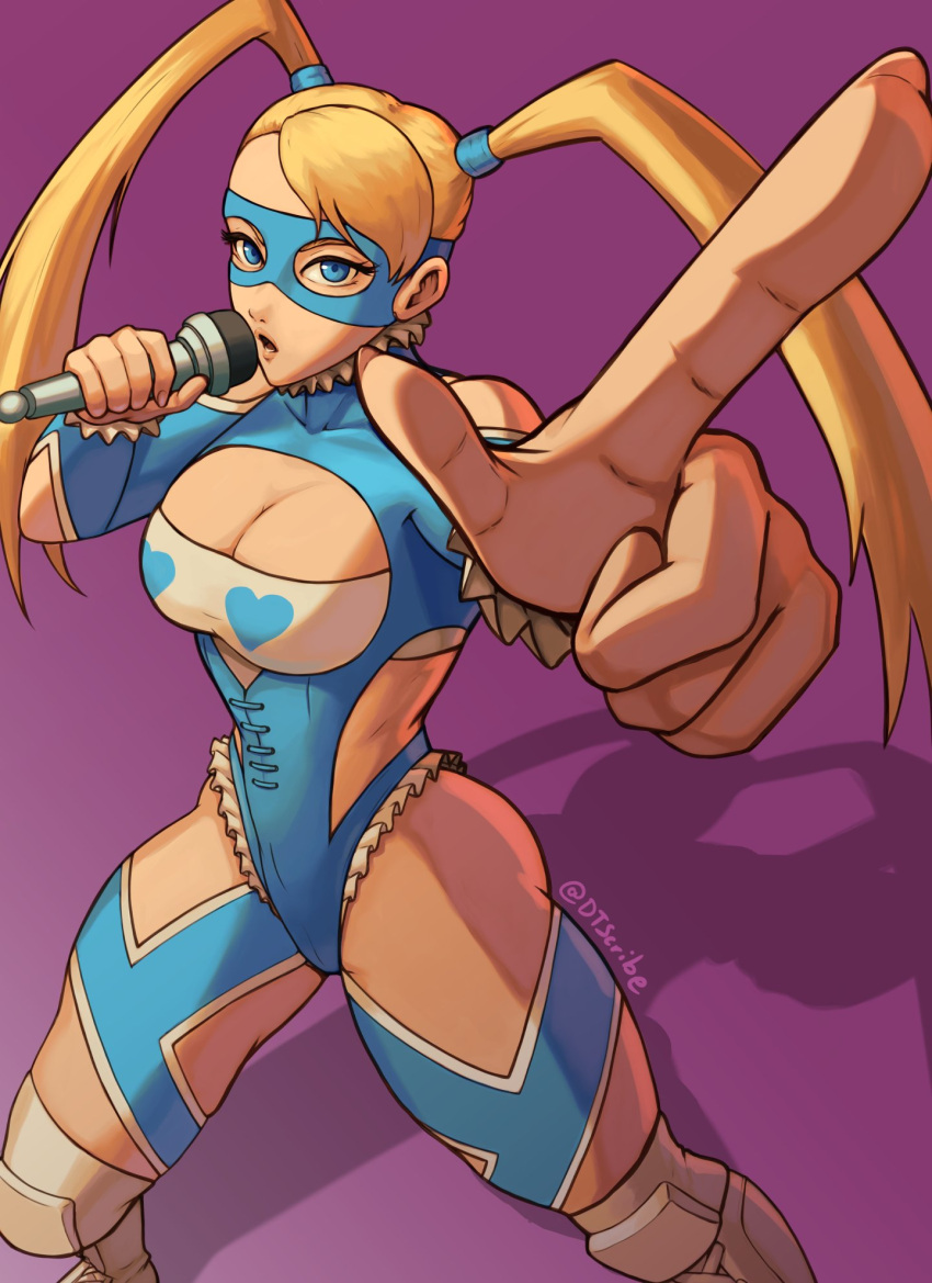 blonde_hair blue_eyes blue_leotard boots breasts capcom cleavage clothing_cutout domino_mask dtscribe elbow_cutout female hair_pulled_back highres holding holding_microphone large_breasts leotard long_hair looking_at_viewer mask microphone muscular purple_background rainbow_mika shadow shoulder_cutout solo street_fighter thighs twintails twitter_username wrestling_mask wrestling_outfit