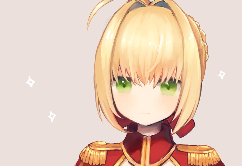 ahoge bad_id bad_pixiv_id beige_background blush braid closed_mouth commentary_request fate/extra fate_(series) female french_braid hair_intakes hair_ribbon looking_at_viewer munuko nero_claudius_(fate) nero_claudius_(fate/extra) portrait red_ribbon ribbon sidelocks simple_background solo sparkle