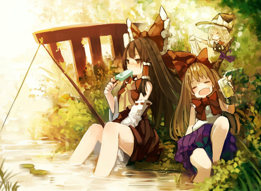 >_< 3girls alcohol ascot bag beer blonde_hair blush brown_hair chobi_(sakuyasakuhana) closed_eyes commentary detached_sleeves eating fishing fishing_rod food full-face_blush grin grocery_bag hair_ribbon hair_tubes hakurei_reimu hat holding horns ibuki_suika japanese_clothes kirisame_marisa light_brown_hair long_hair long_sleeves looking_away miko multiple_girls nature oerba_yun_fang open_mouth partially_submerged popsicle puffy_sleeves ribbon shirt shopping_bag short_sleeves sitting skirt skirt_set sleeveless smile touhou vest water wide_sleeves witch_hat