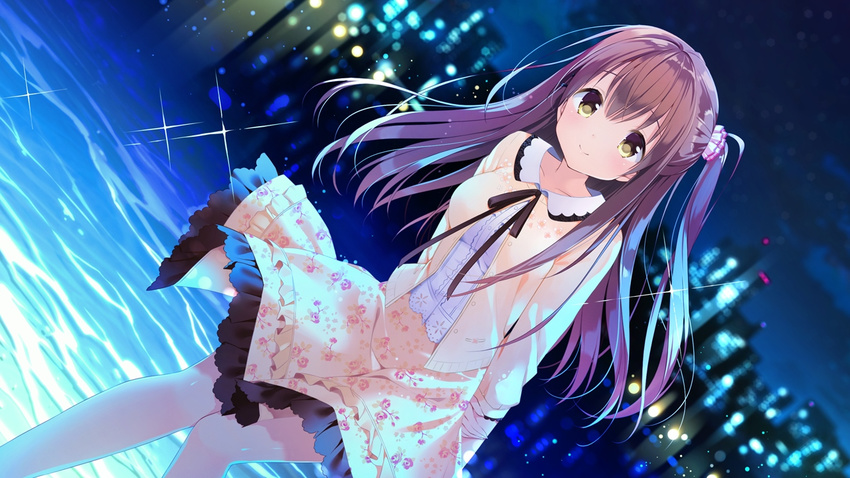 blurry brown_hair city depth_of_field dutch_angle female floral_print game_cg himeno_sena kimishima_ao koi_kakeru_shin-ai_kanojo long_hair looking_at_viewer night official_art one_side_up outdoors skirt smile solo yellow_eyes