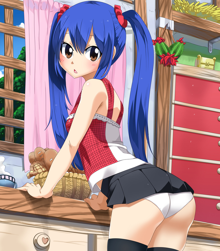 absurdres arm_support ass black_skirt black_thighhighs blue_hair blush bread brown_eyes cowboy_shot day fairy_tail female food from_behind hair_between_eyes hair_ornament hair_scrunchie highres indoors leaning_forward long_hair looking_at_viewer looking_back microskirt open_mouth panties planeptune pleated_skirt red_shirt scrunchie shiny_skin shirt skirt sleeveless solo standing steam thighhighs twintails underwear very_long_hair wendy_marvell white_panties window