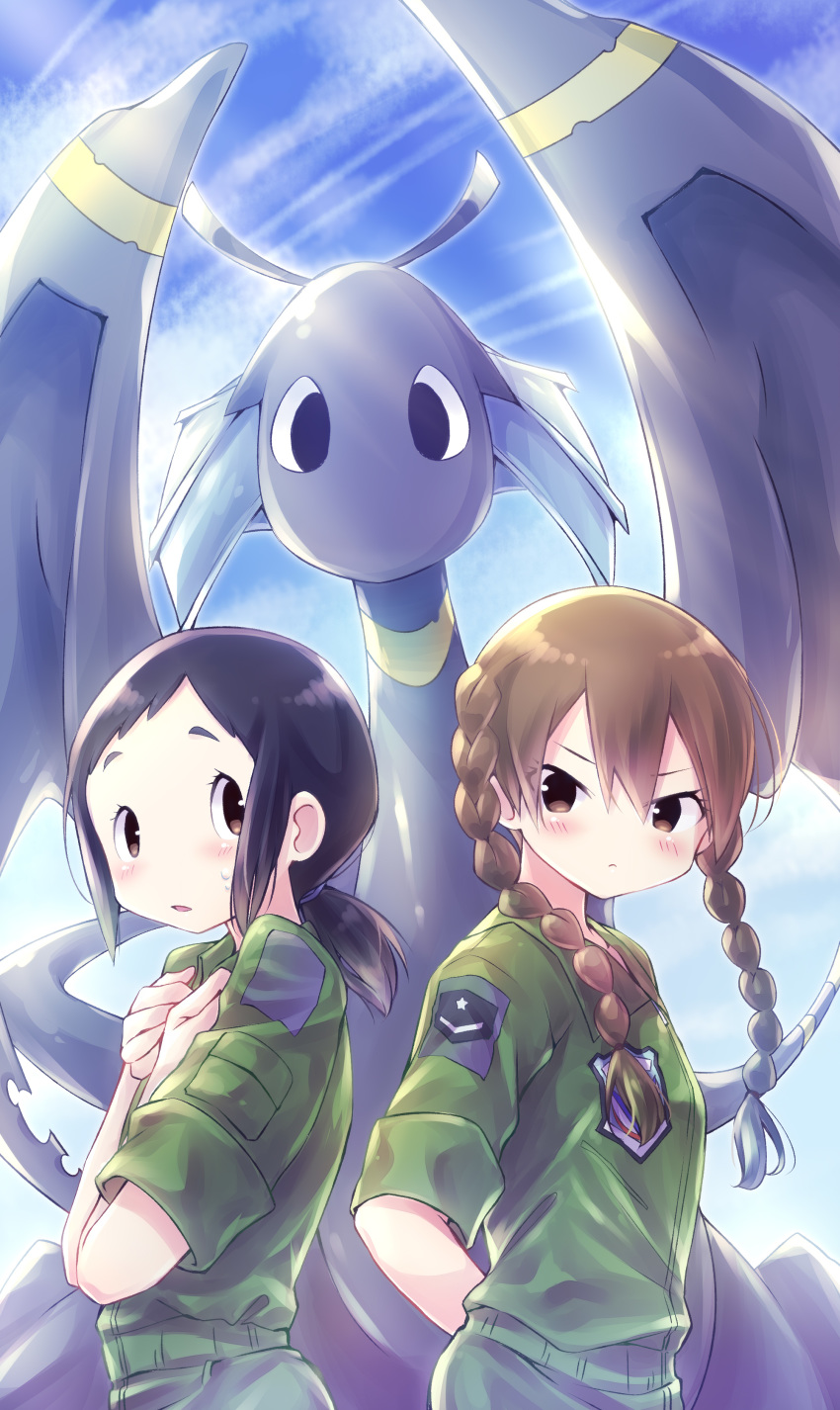 2girls absurdres amakasu_hisone arms_behind_back black_eyes black_hair blue_sky blush braid brown_hair commentary_request day dragon hair_between_eyes hands_up highres hisone_to_masotan jumpsuit kaizaki_nao looking_at_viewer masotan medium_hair military military_uniform multiple_girls nyaa_(nnekoron) outdoors pilot_suit science_fiction sky standing sweatdrop twin_braids uniform upper_body