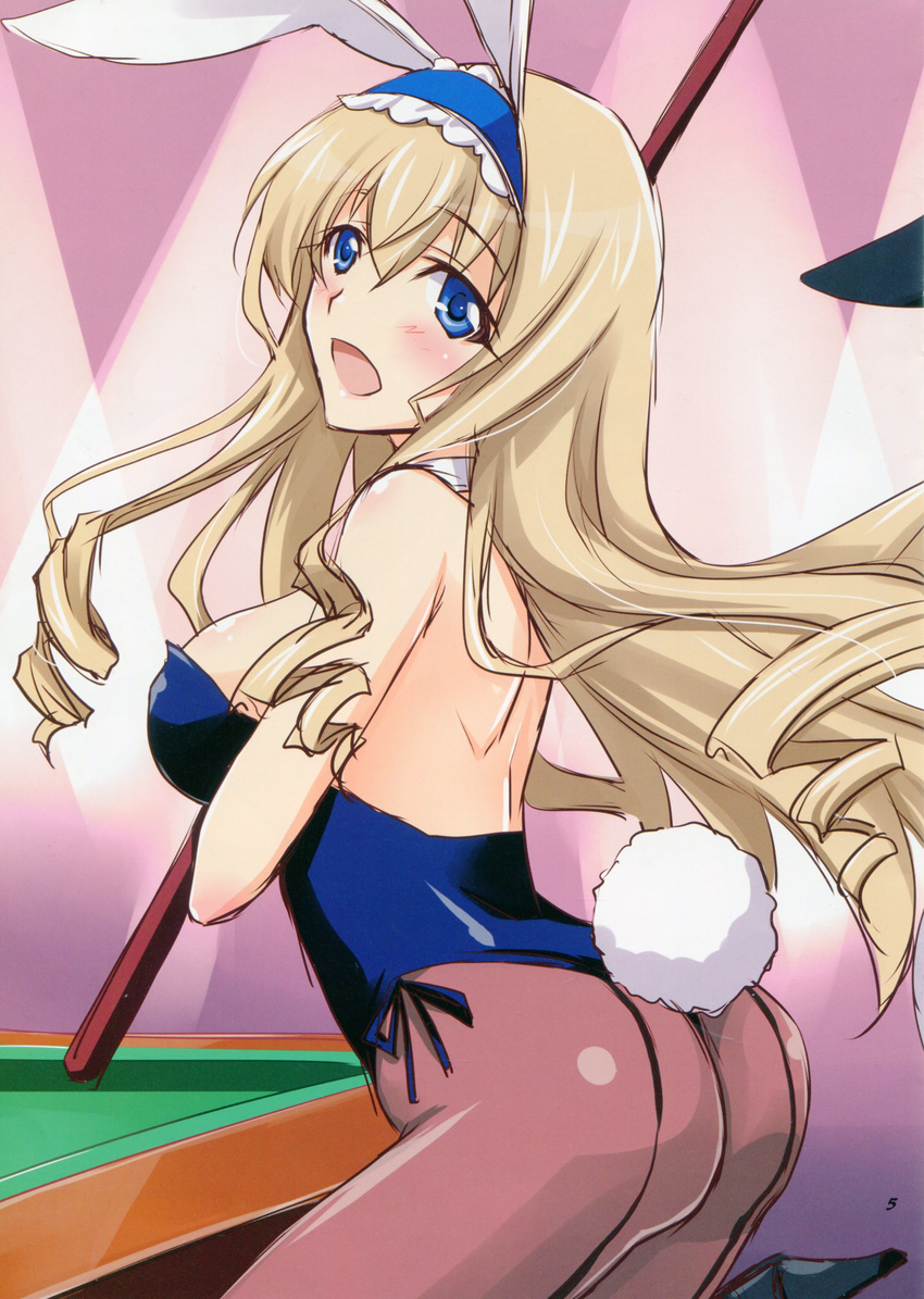 :d absurdres animal_ears ass bare_back bare_shoulders black_pantyhose blonde_hair blue_eyes blue_leotard breasts cecilia_alcott cue_stick doujinshi fake_animal_ears female highres infinite_stratos large_breasts leotard long_hair open_mouth pantyhose playboy_bunny pool_table rabbit_ears scan smile solo table yamaki_suzu