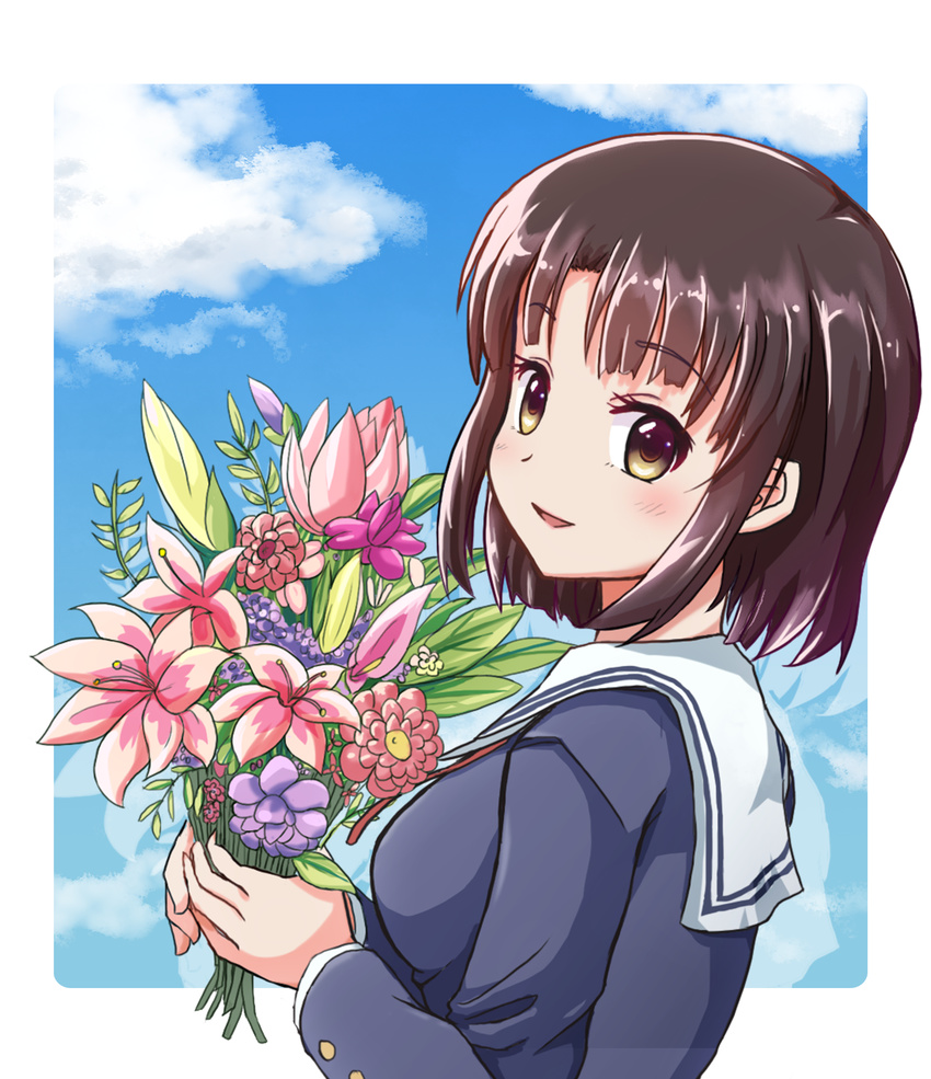 blush border bouquet brown_hair commentary_request female flower from_side highres holding holding_flower katou_megumi looking_at_viewer parted_lips rayhwang saenai_heroine_no_sodatekata school_uniform serafuku short_hair smile solo upper_body yellow_eyes