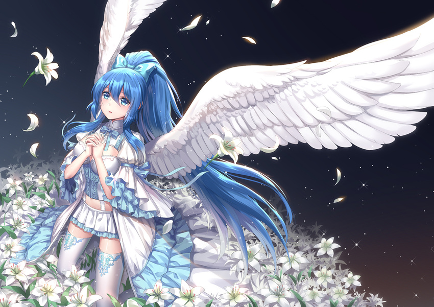 althea_(sakiya0000) angel_wings blue_bow blue_eyes blue_hair blush bow breasts commentary_request crop_top falling_flower falling_petals feathered_wings female floating_hair flower frilled_skirt frills hair_between_eyes hairbow high_ponytail kneeling lily_(flower) long_hair medium_breasts midriff miniskirt neck_ribbon original own_hands_clasped own_hands_together parted_lips petals photoshop_(medium) pleated_skirt ribbon skirt solo stomach suspender_skirt suspenders thighhighs very_long_hair white_flower white_lily white_skirt white_thighhighs white_wings wings zettai_ryouiki