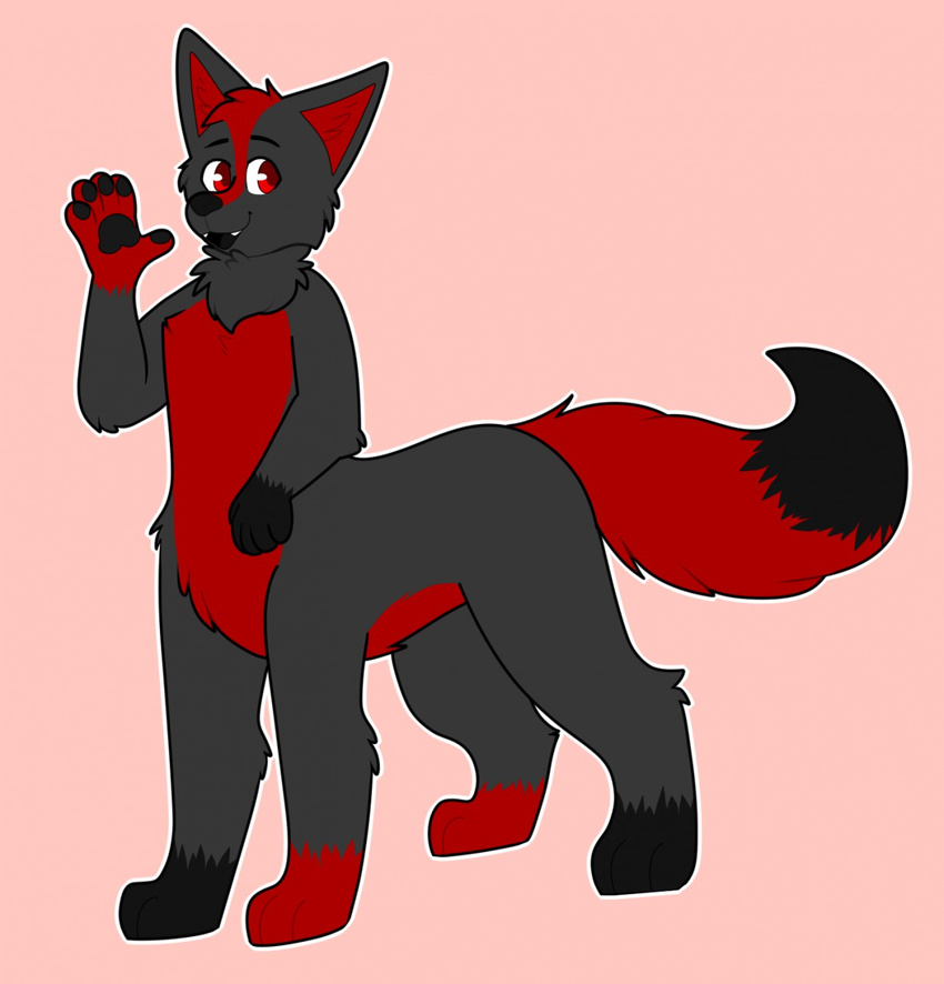 2017 5_fingers black_body black_fur black_nose black_tail black_tongue canid canine canis chest_tuft cute_fangs digital_media_(artwork) dipstick_tail eyebrows fangs fingers fluffy fluffy_tail full-length_portrait fur gesture gloves_(marking) grey_body grey_fur head_tuft hi_res leg_markings looking_at_viewer male mammal markings multicolored_body multicolored_fur multicolored_tail open_mouth pink_background portrait qtipps quadruped red_body red_eyes red_fur red_tail shado_(shadowolf17) simple_background smile socks_(marking) solo tail tail_markings taur teeth tongue tuft two_tone_tail waving wolf