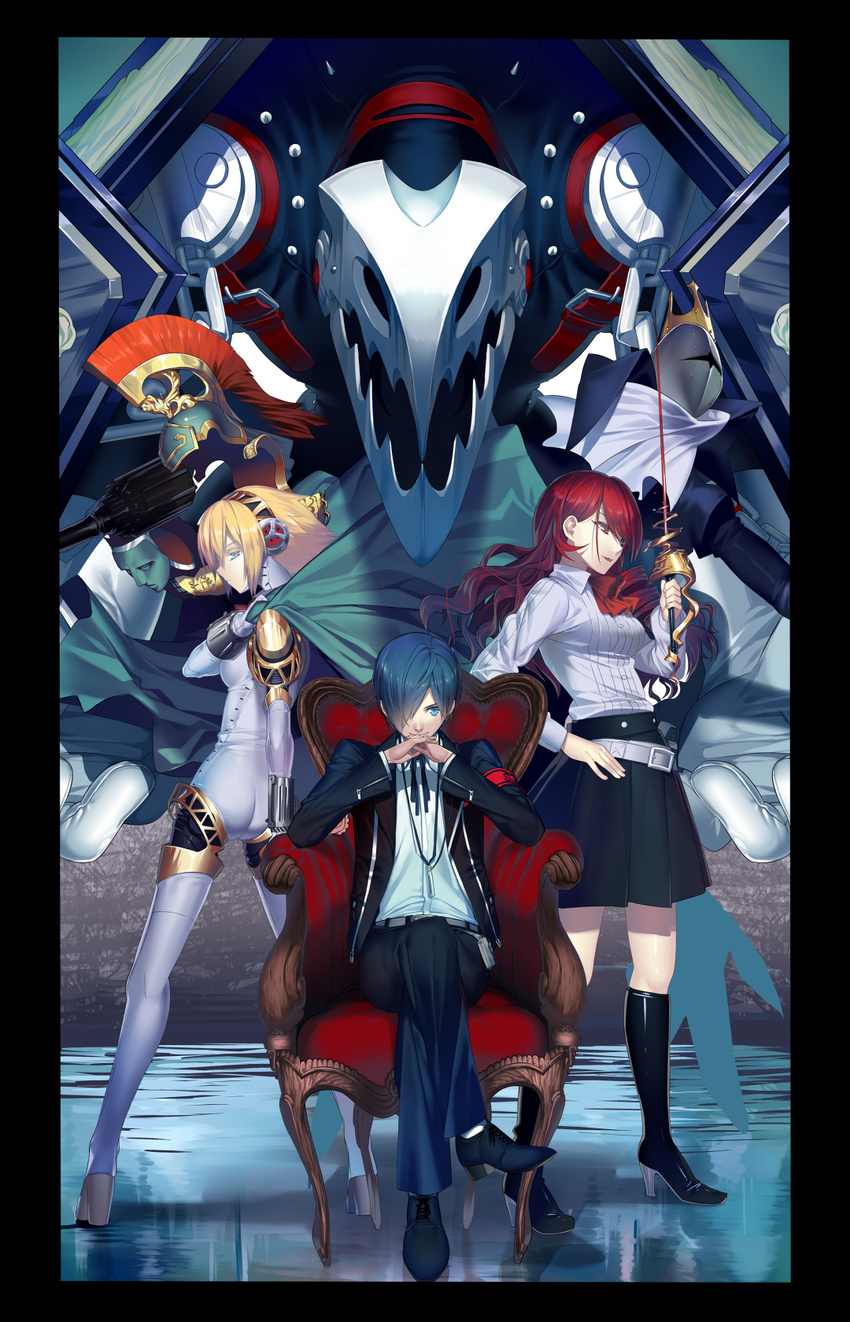 1boy 2girls aegis_(persona) android ass bad_id bad_pixiv_id blonde_hair blue_eyes blue_hair cape chair commentary_request digital_media_player gekkoukan_high_school_uniform hair_over_one_eye headphones highres hullabaloo joints kirijou_mitsuru long_hair multiple_girls palladion penthesilea persona persona_3 rapier red_eyes red_hair ribbon robot_joints school_uniform short_hair sitting skirt smile sword thanatos_(persona) weapon yuuki_makoto_(persona_3)