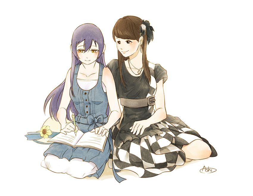 2girls a-shi_(lion81923) argyle bare_arms black_eyes blue_hair book brown_hair collarbone commentary_request dress flower full_body hair_ornament hat hat_flower jewelry long_hair love_live! love_live!_school_idol_project mechanical_pencil mimori_suzuko multiple_girls necklace pencil photoshop_(medium) seiza short_sleeves sitting sleeveless smile sonoda_umi sun_hat voice_actor voice_actor_connection white_background yellow_eyes yokozuwari