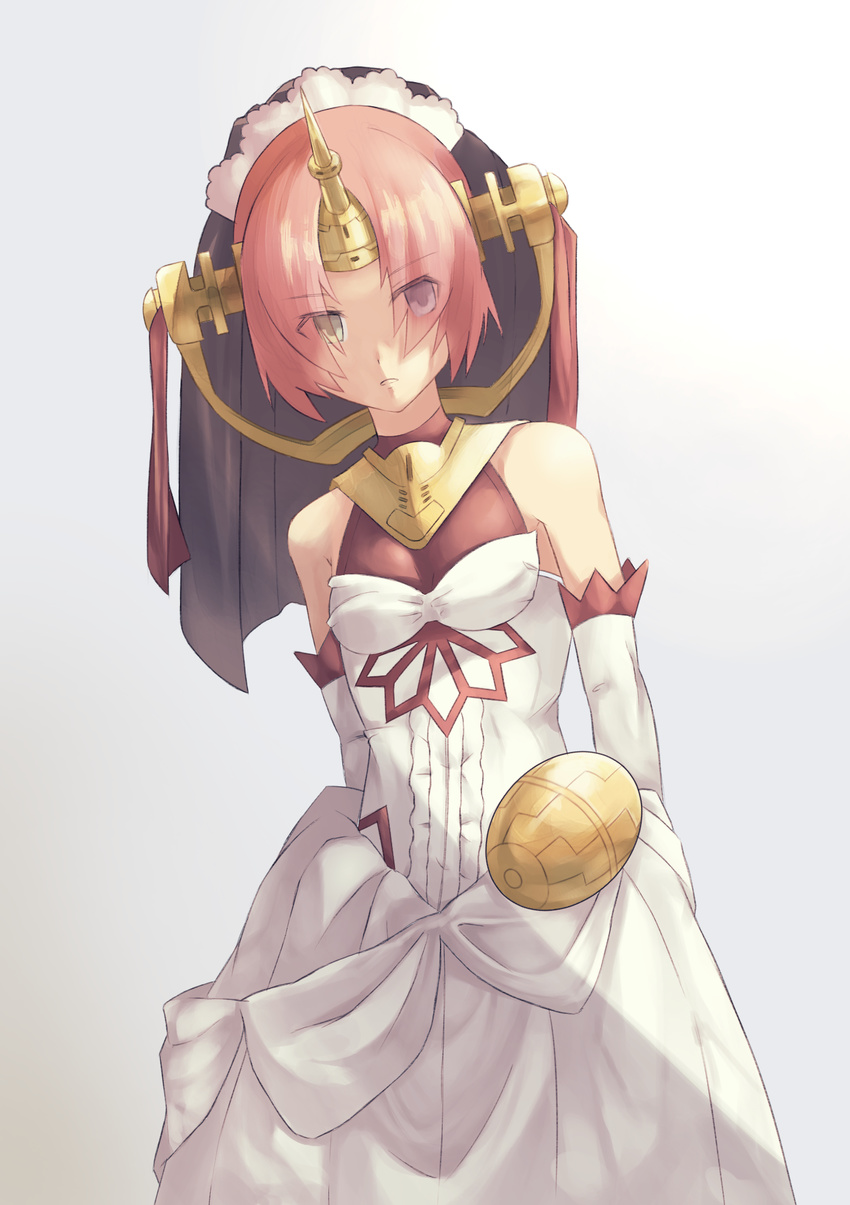 bare_shoulders berserker_of_black breasts dress elbow_gloves fate/apocrypha fate_(series) female hair_ornament hair_over_eyes heterochromia horn open_mouth pink_hair short_hair veil white_dress