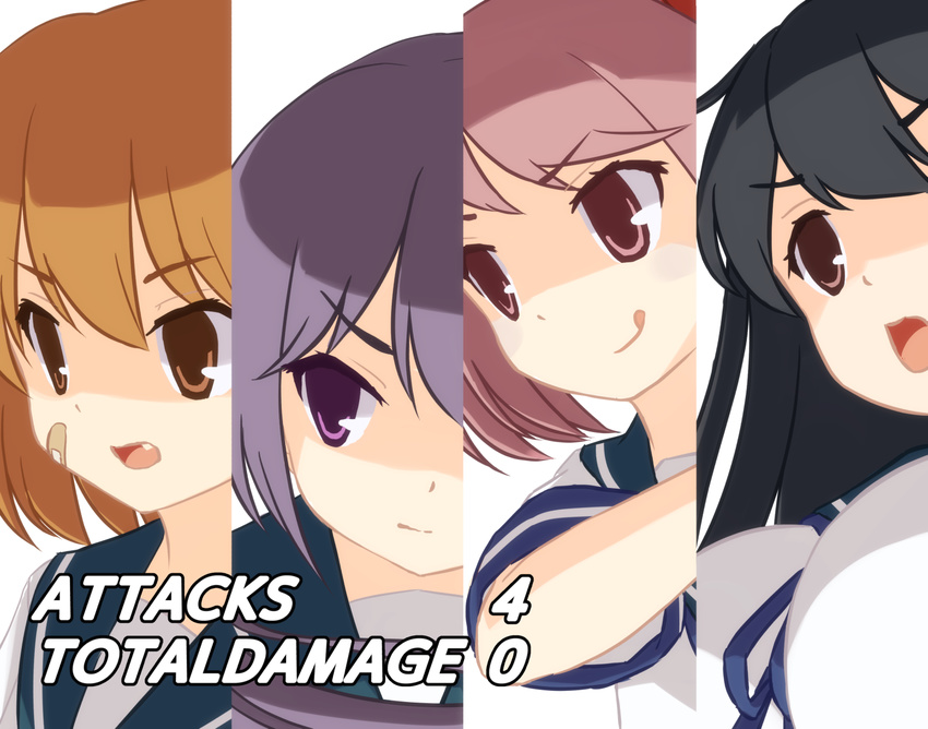 4girls :o :p :| ahoge akebono_(kancolle) bandaid bandaid_on_face black_hair breasts close-up closed_mouth commentary_request cut-in disgaea disgaea_team_attack kantai_collection large_breasts long_hair looking_to_the_side multiple_girls oboro_(kancolle) oerba_yun_fang open_mouth orange_eyes orange_hair parody pink_eyes pink_hair portrait purple_eyes purple_hair sazanami_(kancolle) school_uniform serafuku short_hair simple_background smile text_focus tongue tongue_out upper_body ushio_(kancolle) v-shaped_eyebrows wamu_(chartreuse) white_background